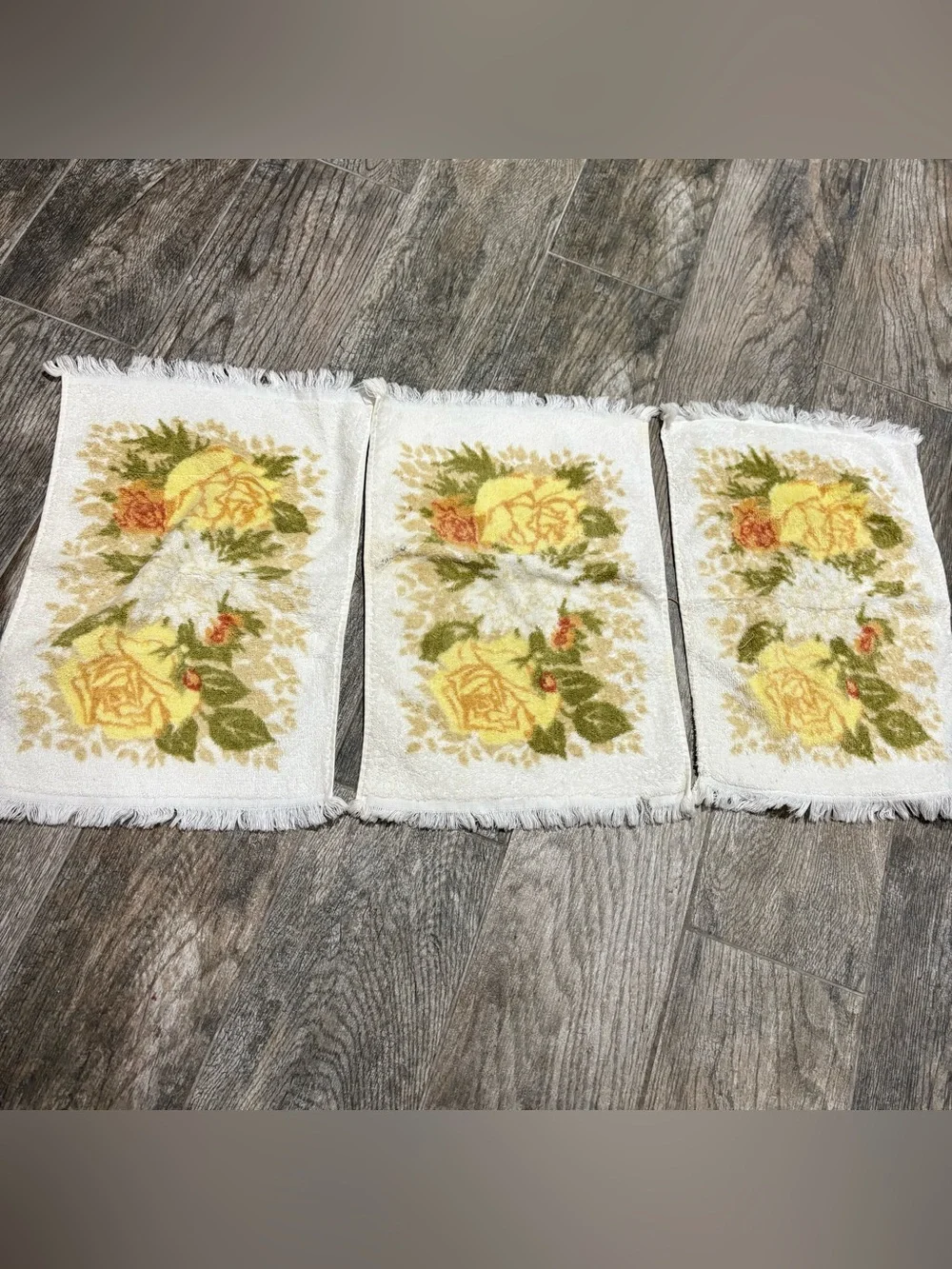 Vtg Cannon Floral Hand Towel Guest Towel Set Lot Of 3 1970s Fringe Yellow MCM